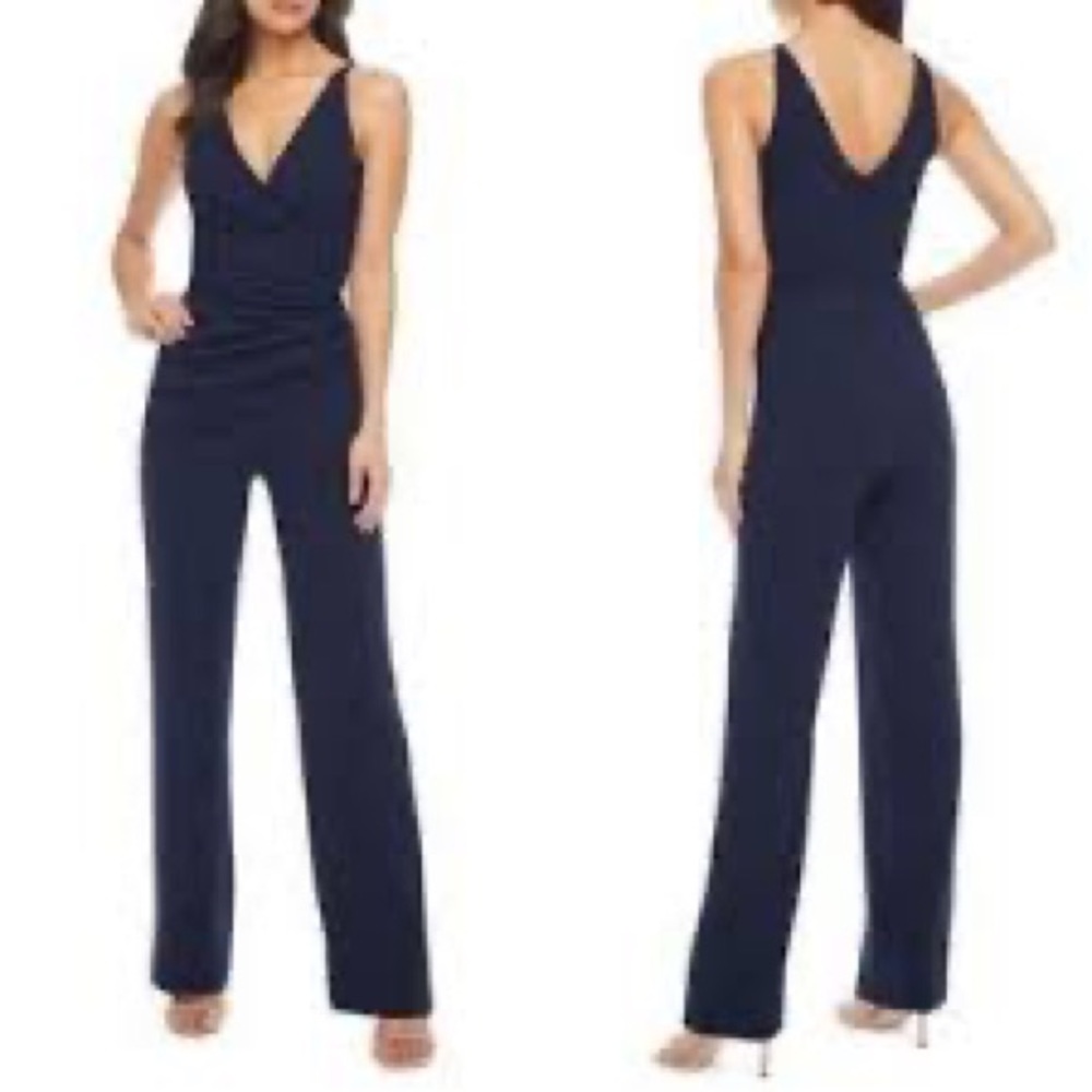 Dress the Population Sam Navy Blue Wide Leg V-Neck Ruched Jumpsuit Size L